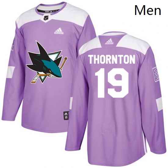 Mens Adidas San Jose Sharks 19 Joe Thornton Authentic Purple Fights Cancer Practice NHL Jersey